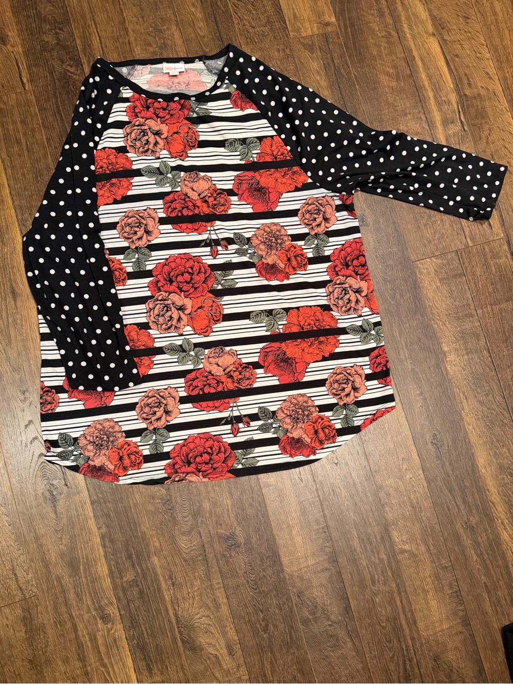 LuLaRoe Randy Red Floral & Black Polka-Dot Raglan Top